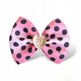 Ręcznie Robiona Kokardka Glamour Różowa w Kropki Złote Serce KGHB03 Gumka