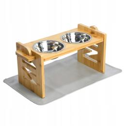 Miska podwójna z matą PJ085 dla psa na stojaku bambusowa