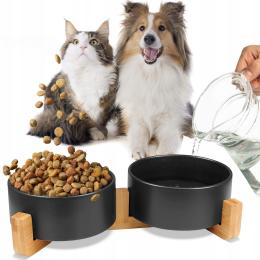 Miska Ceramiczna Podwójna Dla Psa I Kota 2 Miski Drewniana Podstawa 2x400ml
