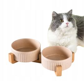 Miska Dla Psa Kota Podwójna Ceramiczna Na Stojaku Bambusowym Kremowa M16