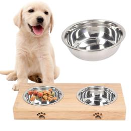 Podwójna Miska Metalowa Dla Psa Kota Wodę Karmę Bambusowy Stojak Pochylony
