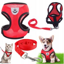 Szelki ze smyczą dla małego psa kota czerwone S odblaskowe bezuciskowe
