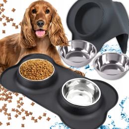 Podwójna Miska dla psa kota metalowa zestaw mata pod miski silikonowa
