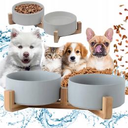Zestaw Miska Dla Psa Kota Podwójna Ceramiczna Na Stojaku Szare 2x400ml