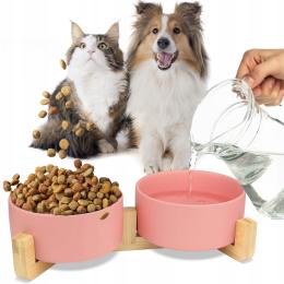 Miska Ceramiczna Podwójna Dla Psa I Kota 2 Miski Drewniana Podstawa 2x400ml