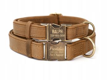 Grawerowana Obroża dla Psa Skórzana z Metalową Klamrą, Brązowy kolor