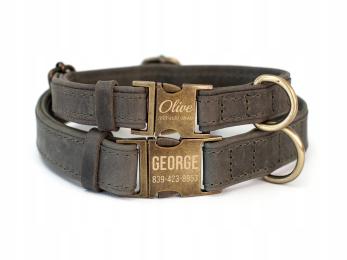 Grawerowana Obroża dla Psa Skórzana z Metalową Klamrą, Szary kolor