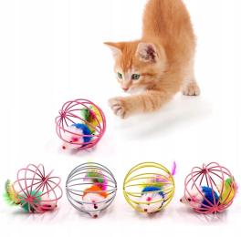 Zabawka Dla Kota mysz w klatce z piórkami piłka Interaktywna 6 cm