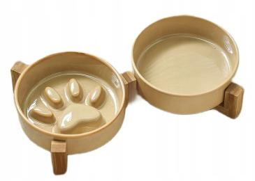 Miska Dla Psa Kota Spowalniająca Podwójna Ceramiczna Stojak Bambusowy M22