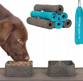 Miska podwójna dla psa kota Turystyczna Silikonowa na wodę karmę J43 Szara