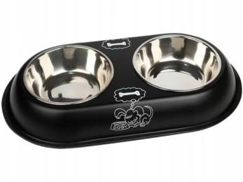 Podwójna Miska dla psa kota Zestaw Antypoślizgowa podkładka miski Czarna