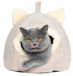 Legowisko pluszowe beżowy domek dla dużego kota ciepła budka