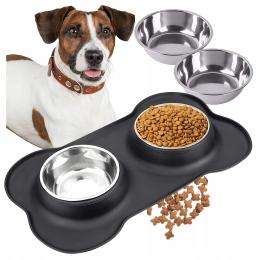 Podwójna Miska dla psa kota metalowa zestaw mata pod miski silikonowa