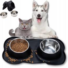 Podwójna Miska Dla Psa Kota Metalowa Silikon Antypoślizgowa 2 x 450ML
