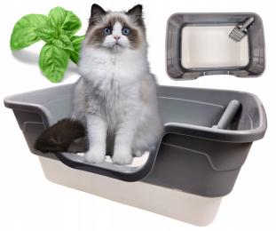 Kuweta dla kota z Wysokim rantem, plastikowa, szaro-biała, 45x30x23 cm