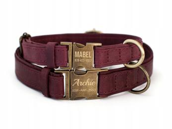 Grawerowana Obroża dla Psa Skórzana z Metalową Klamrą, Bordowy kolor
