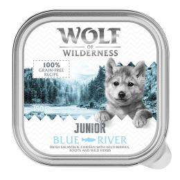 Wolf of Wilderness JUNIOR - Duo-Protein 6 / 24 x 150 g tacki - 6 x 150 g Blue River - Kurczak i łosoś