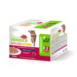38 + 10 gratis! Natural Trainer, karma mokra, 48 x 85 g - Adult, pakiet mieszany: kurczak i łosoś, 4 x (12 x 85 g)