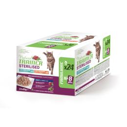38 + 10 gratis! Natural Trainer, karma mokra, 48 x 85 g - Adult Sterilised, pakiet mieszany: indyk i dorsz