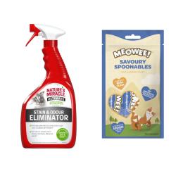 Nature's Miracle, 709 ml / 946 ml + Meowee! Savoury Spoonables, Tuńczyk, 8 x 14 g gratis! - Ultimate usuwacz plam i zapachów po kotach, 946 ml