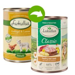 Megapakiet Lukullus Natural, 24 x  400 g - Pakiet V: drób, jagnięcina, królik, dziczyzna, łosoś, kurczak, wołowina i indyk