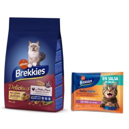 Brekkies: karma sucha, 3 kg / 3,5 kg + Daily Delice, 4 x 85 g gratis! - Pyszny Kurczak, Kurczak i Warzywa, 3 kg + Kurczak i indyk