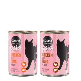 Pakiet Cosma Asia, w galarecie, 12 x 400 g - Pakiet mieszany: kurczak z tuńczykiem i kurczak z wątrobami kurzymi