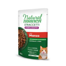 38 + 10 gratis! Natural Trainer, karma mokra, 48 x 85 g - Straccetti Adult Sterilised, paski w sosie, wołowina