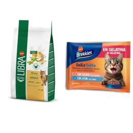 Libra Cat, karma sucha + Brekkies Daily Delice, łosoś i tuńczyk, 4 x 85 g gratis! - Adult, kurczak, 12 kg