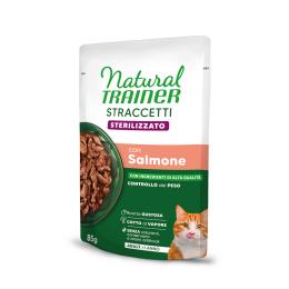38 + 10 gratis! Natural Trainer, karma mokra, 48 x 85 g - Straccetti Adult Sterilised, paski w sosie, łosoś