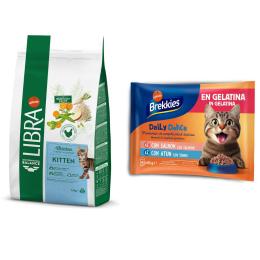 Libra Cat, karma sucha + Brekkies Daily Delice, łosoś i tuńczyk, 4 x 85 g gratis! - Junior, kurczak, 1,5 kg