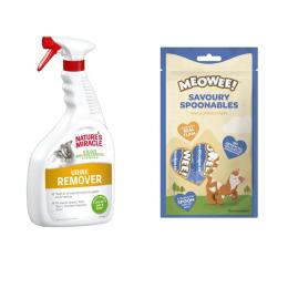 Nature's Miracle, 709 ml / 946 ml + Meowee! Savoury Spoonables, Tuńczyk, 8 x 14 g gratis! - Urine Remover Odplamiacz i neutralizator zapachu moczu, 946 ml